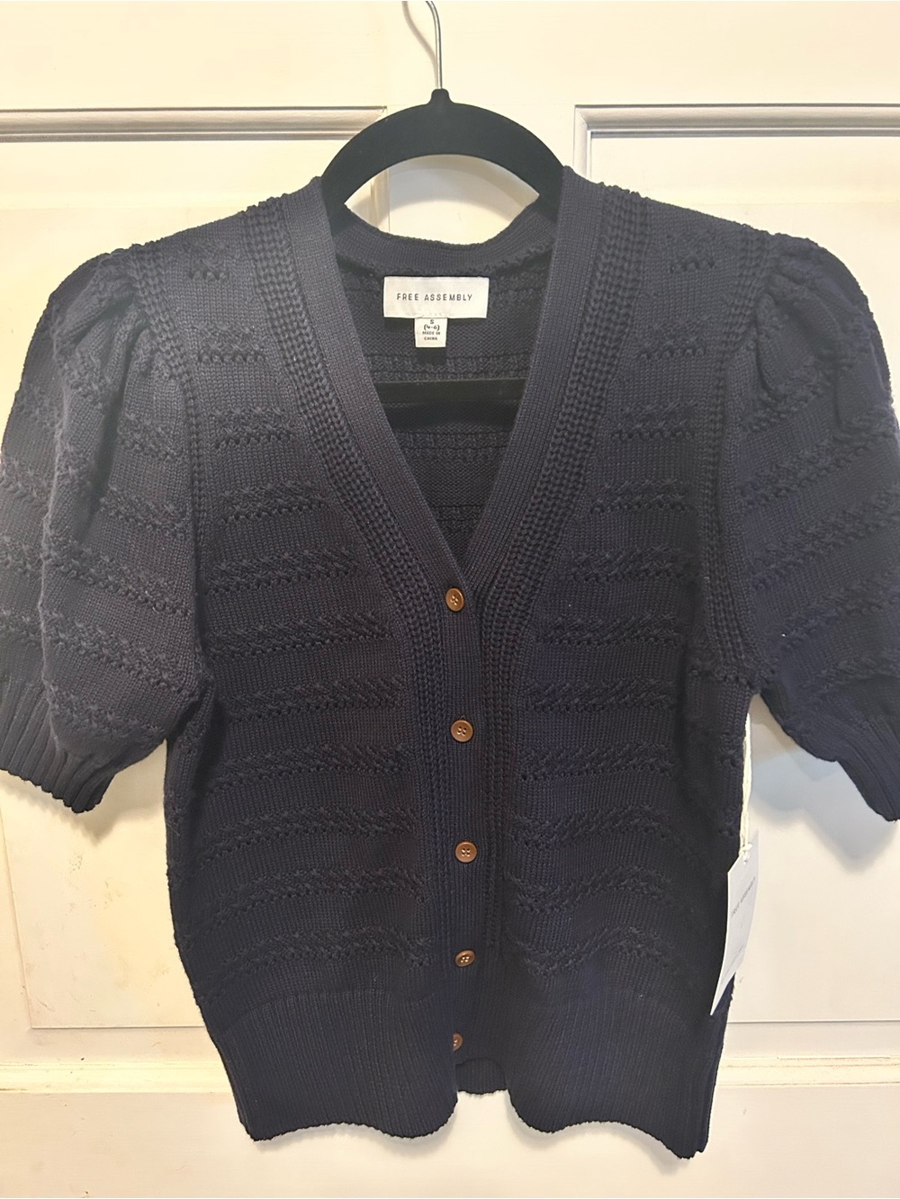 Free Assembly Navy Short-Sleeve Knit Cardigan with Button Front